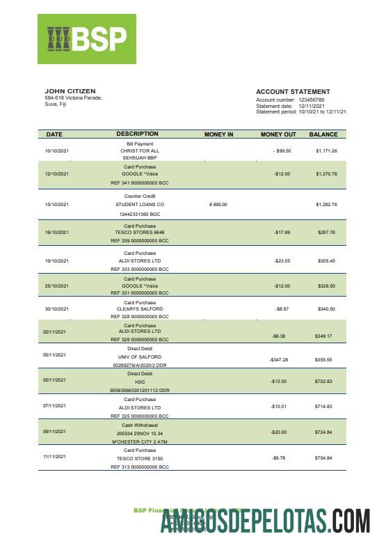 Modelo de extrato bancário do Fiji Bank Of South Pacific para impressão, formato Word e PDF